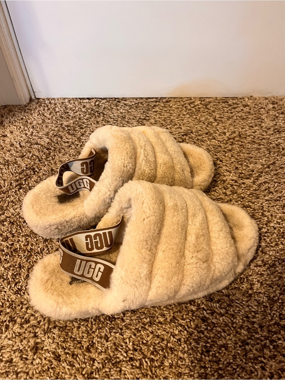 UGG Shearling Slide Sandals in Beige with Branded Strap